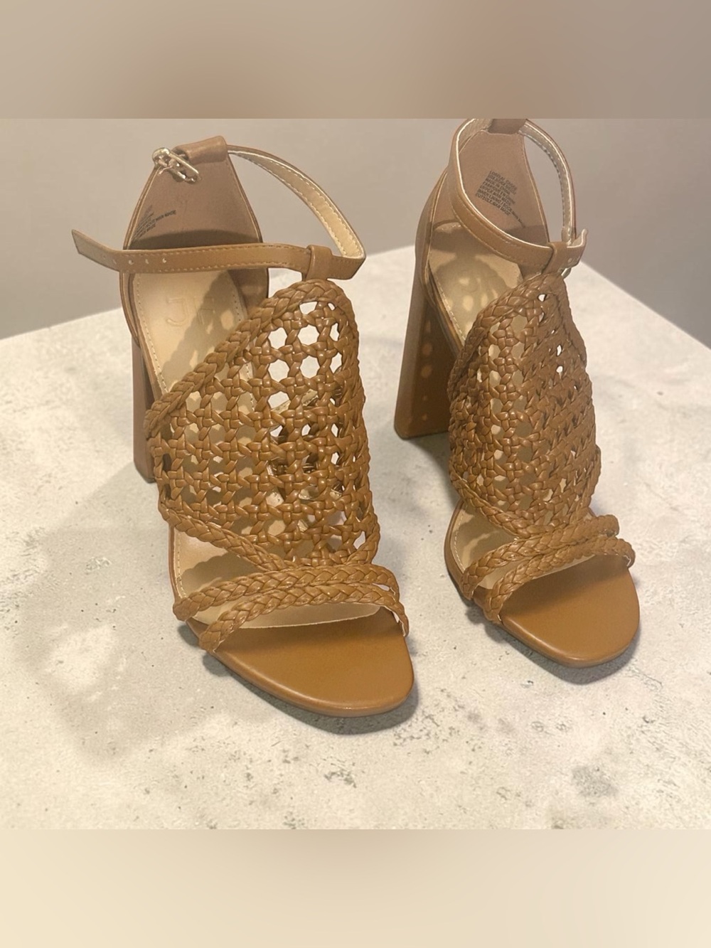 JustFab Tan Braided Woven Block Heel Sandals